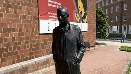 Outside the Zimmerli Art Museum is Walking Man by Rutgers alumnus George Segal.