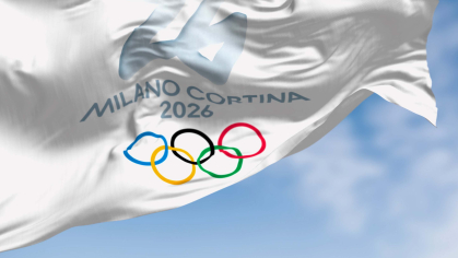 Milano Cortina 2026 Winter Olympic Games Flag Waving Blue Sky