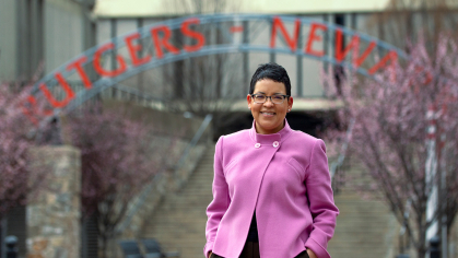 Elise C. Boddie, Henry Rutgers University Professor and Judge Robert L. Carter Scholar, stands in front of the Rutgers–Newark arch.