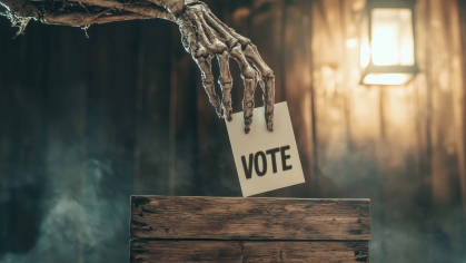A skeletal hand places a ballot in a box.