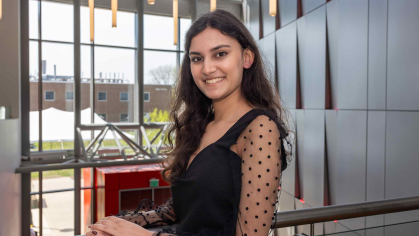 Rutgers-New Brunswick student Asmi Kaushal stands inside the Richard Weeks Hall of Engineering on Busch campus.