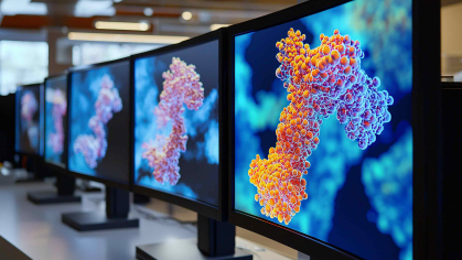 A battery of computer screens feature computer simulations of molecules
