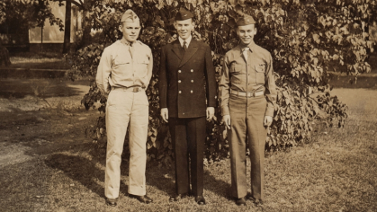 Photographed during World War II, Bob Archibald RC’48, center, is flanked by his late, older brothers, General William T. Archibald AG’41, left, and John L. Archibald ED’43, right.
