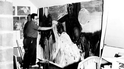 George Segal paints in his studio on his South Brunswick farm.