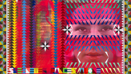A detail of Jeffrey Gibson's 2021 mixed media work "She Never Dances Alone."
