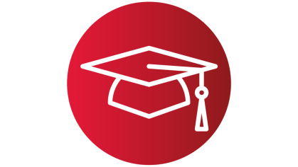 Red graphic circle with a white graduation cap