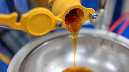 Honey dripping from a machine into a sieve for filtering.