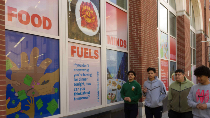 Large decals of art by Hudson County Community College students are displayed on the windows of the college’s library in Jersey City.