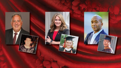  In recent photos and at their Rutgers commencement ceremonies, from left, are Chris Maizys LC’93; Gloria Vanderham RC’00, SCILS’00; and Talib Morgan NCAS’96, RBS'98.