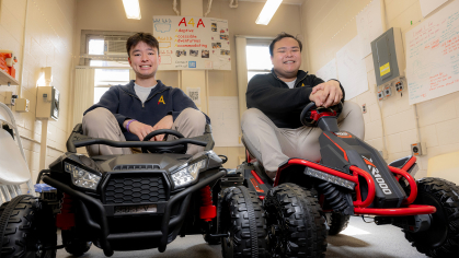  Graduating seniors Michael Gibbons (SOE ’25) and Aaron Clarion (SOE ’25), roommates and founders of A's 4 All (Accessible, Accommodating, Adaptive and Adventurous for All), design and modify toys and devices for children with physical and developmental disabilities.