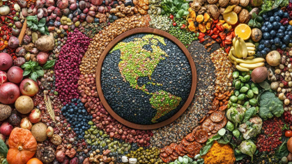 Swirls of food items around a central globe, all made out of seeds and pieces of fruit