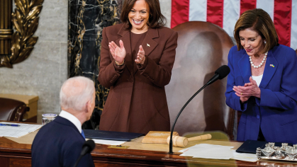 President Joe Biden acknowledges Vice President Kamala Harris and Speaker of the House Nancy Pelosi