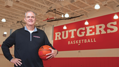Coach Steve Pikiell on Rutgers basketball court