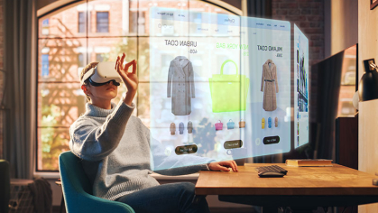 Women looking through Virtual Reality Glasses