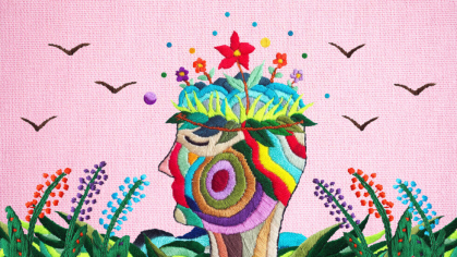 Abstract art design with human face and birds
