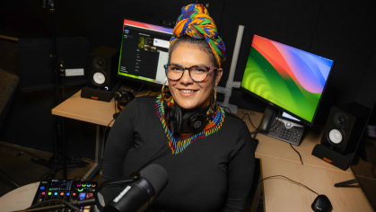 Natalie Munoz in her podcast studio