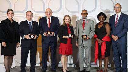 From left, Rutgers Foundation President Kimberly Hopely; inductees Brian Reilly, Kenneth Johnson, Judith Persichilli, and Richard Roper; RUAA Board of Directors Chair Debra Holston O’Neal LC’87; and Rutgers President Jonathan Holloway