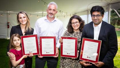  Victoria Abraira, Cell Biology and Neuroscience, School of Arts and Sciences; Avram J. Holmes, Psychiatry, Robert Wood Johnson Medical School; Maria E. Solesio, Biology, Faculty of Arts and Sciences–Camden; and Sudarsun Kannan, Computer Science, School of Arts and Sciences. Not pictured: Akil Kumarasamy, English, School of Arts and Sciences–Newark.