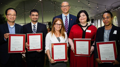  (left to right) Nathan W. Link, Sociology, Faculty of Arts and Sciences–Camden, President Holloway, Shawnika Hull, Communication, School of Communication and Information, and Qiyang Han, Statistics, School of Arts and Sciences. Not pictured Bhargav Peruvemba Narayanan, Mathematics, School of Arts and Sciences, and Anastasiia Tsvietkova, Mathematics and Computer Science, School of Arts and Sciences–Newark.  PRESIDENTIAL OUTSTANDING FACULTY SCHOLAR AWARD (left to right) Zhiping Pang, Neuroscience and Cell Bi