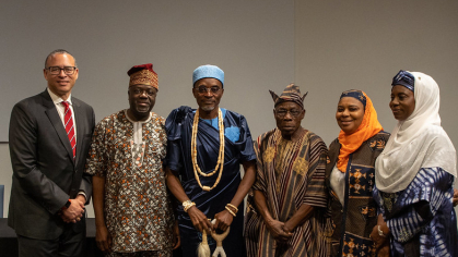 Rutgers University President Jonathan Holloway, Dr. Sarafa Oladele Ibraheem, His Royal Majesty Dr. Saka Matemilola, His Excellency, Chief Olesegun Obasanjo, Bola Ibraheem from Rutgers Global, and Queen Olori Adijat Matemilola