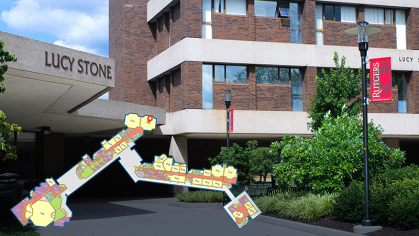 map superinmposed over Lucy Stone Hall photo