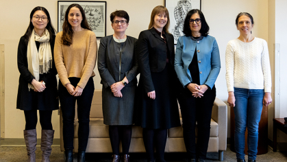 From left: Recent graduate Jinyoung Park, and current faculty members: María Soria-Carro, Fioralba Cakoni, Kristen Hendricks, Lisa Carbone, Nataša Šešum