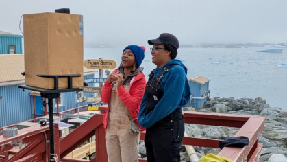 Rutgers biological oceanographer Mya Sharpe (left) and Virginia Institute of Marine Science doctoral student Maya Thomas in Antarctica answered questions from students, some of them 6,000 miles away.