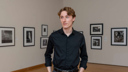 Rutgers University-New Brunswick student Reece Goodson stands in a gallery at the Zimmerli at Rutgers-New Brunswick.