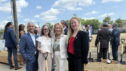Rutgers officials at the groundbreaking included Vicente Gracias, senior vice chancellor for clinical affairs and vice president for health affairs, Rutgers University; Julie Blumenfeld, clinical associate professor and nurse-midwifery program director at Rutgers School of Nursing; Board of Governors Chair Amy Towers; and Angela Starkweather, dean and professor, Rutgers School of Nursing. 