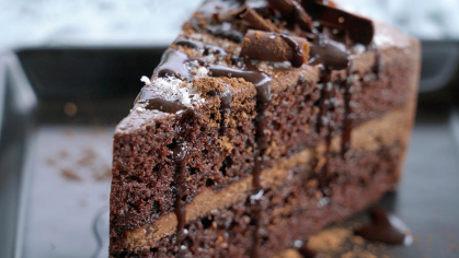 A piece of chocolate cake on a tray