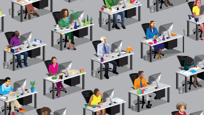Illustration of diverse group of people working on desks