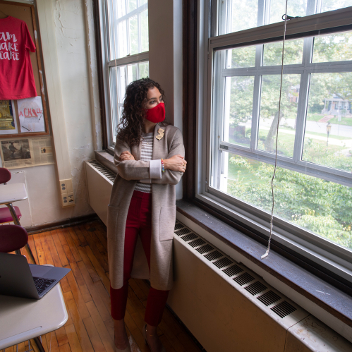 Kimberly Dickstein Hughes (RC'08, GSE'09), voted the 2019-2020 New Jersey Teacher of the Year, in in her classroom at Haddonfield Memorial High School where she teaches grades 9 through 12