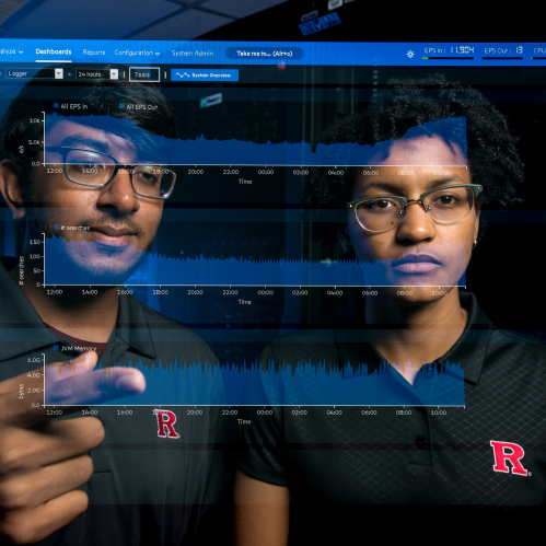 (l. to r.) Manav Patel (SAS '21) and Casandra Begin (SCI'19, SCI '20 masters) are learning the ropes of cybersecurity and getting hands-on experience and training through OmniSOC – a shared cybersecurity operations center for higher education co-founded by Rutgers and located at Indiana University. 2019