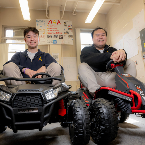 Graduating seniors Michael Gibbons (SOE ’25) and Aaron Clarion (SOE ’25), roommates and founders of A's 4 All (Accessible, Accommodating, Adaptive and Adventurous for All), design and modify toys and devices for children with physical and developmental disabilities.