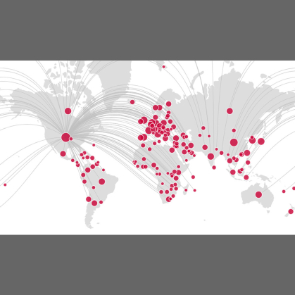 World map graphic with red pins illustrating Rutgers research collaborators 