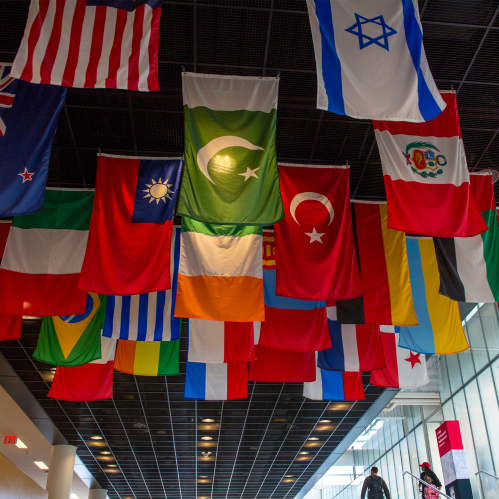 Flags hang in Rutgers Business School