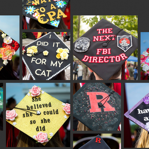 Decorated Rutgers graduation caps.