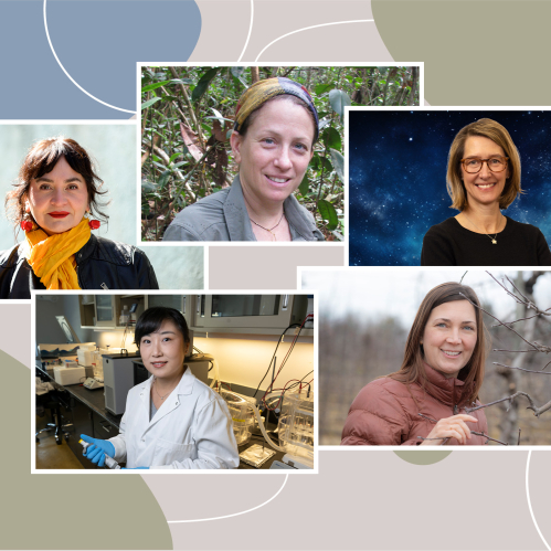 Women scientists on a multi colored background
