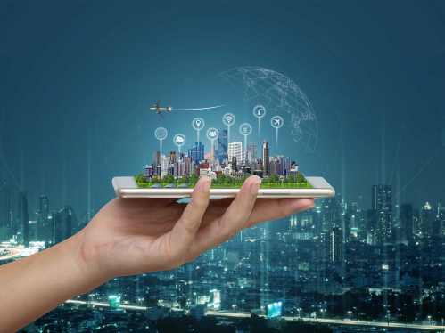 Smart city and Internet of things (IOT) on smartphone in hand, objects icon connecting together, Internet networking concept with background modern city blurred.