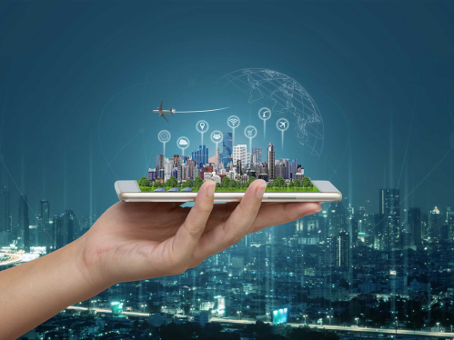Smart city and Internet of things (IOT) on smartphone in hand, objects icon connecting together, Internet networking concept with background modern city blurred.