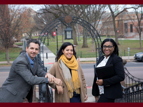  (l to r) David Dreyfus, Assistant Professor Supply Chain Management, Rutgers Business School , Yalidy Matos, Assistant Professor Department of Political Science, and Dionne Sandiford, School of Nursing Facilitator talk on the steps to Old Queens on the College Avenue campus