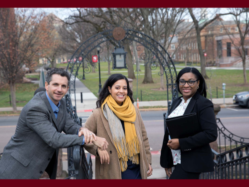 (l to r) David Dreyfus, Assistant Professor Supply Chain Management, Rutgers Business School , Yalidy Matos, Assistant Professor Department of Political Science, and Dionne Sandiford, School of Nursing Facilitator talk on the steps to Old Queens on the College Avenue campus