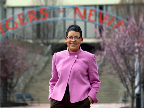 Elise C. Boddie, Henry Rutgers University Professor and Judge Robert L. Carter Scholar, stands in front of the Rutgers–Newark arch.