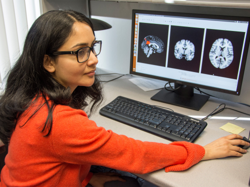 Researcher looking at brain scan