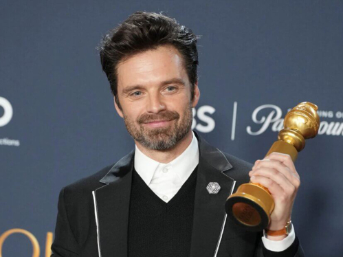 Mason Gross alumni Sebastian Stan accepting Golden Globe