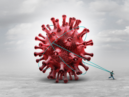 illustration of man tied to covid molecule