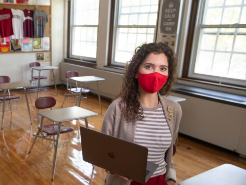 Alumna Kimberly Dickstein Hughes, the 2019–2020 New Jersey State Teacher of the Year, is pictured in her classroom at Haddonfield Memorial High School, in Haddonfield, New Jerse