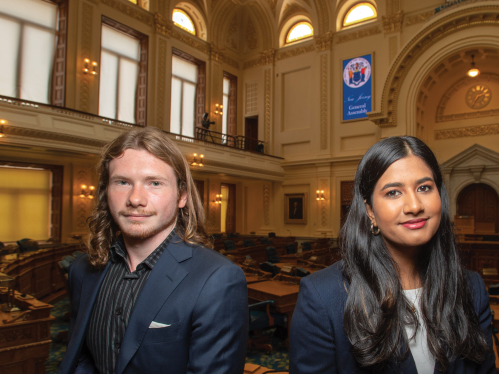 James Cortes and Nina Gohel in the New Jersey State House in Trenton, New Jersey