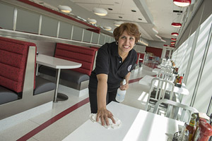 Getting ready for the opening of Henry's diner on the Livingston Campus