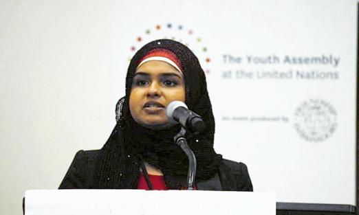 Image of Zainab Poonawalla addressing a UN Youth Assembly